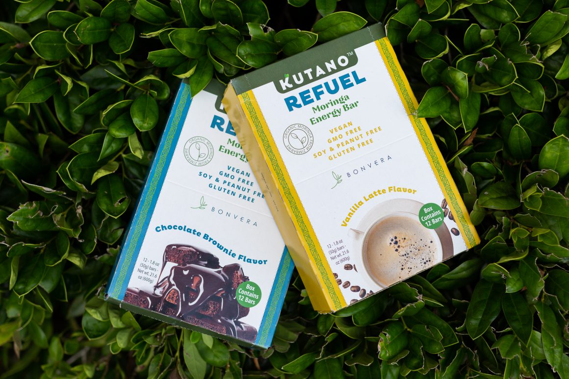 Pictured are Bonvera Kutano Refuel moringa energy bars in chocolate and vanilla flavors made with superfood moringa.